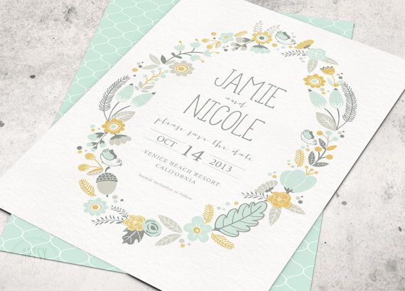 mint and yellow save the date card