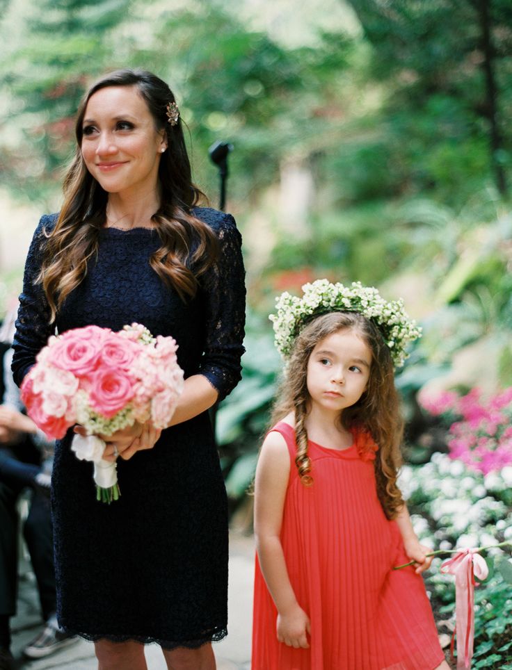 navy blue bridesmaid and pink bouquet,coral flower girl | Photography: Leo Patrone