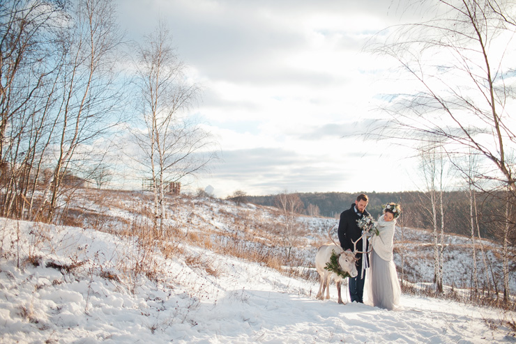 Light blue wedding dress + Muted grays and blues For an outdoor winter  wedding shoot in the snow