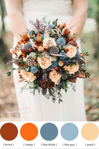 Peach ,burnt orange and thistle fall wedding bouquet