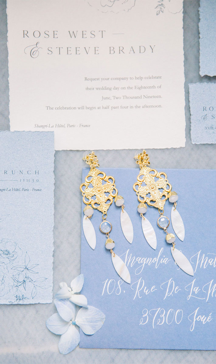 bridal jewelry, bridal earrings, blush and powder blue wedding invites #weddingcolor #blushwedding powder blue wedding color , blush and powder blue wedding ideas