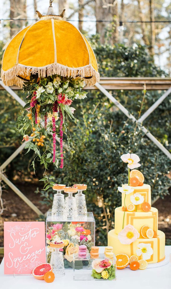 wedding cake table ideas, wedding cake display, wedding dessert table, citrus wedding