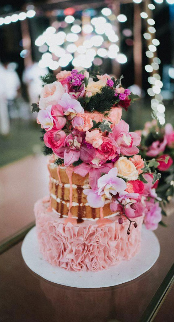 naked wedding cake, pink wedding , tropical wedding , naked wedding cake with pink icing