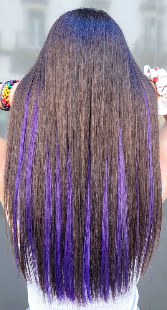 purple and blonde streaks in brown hair
