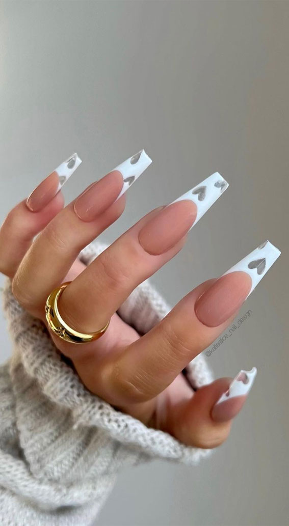 white french tip nails, cut out white french tip valentine nails, acrylic valentines nails