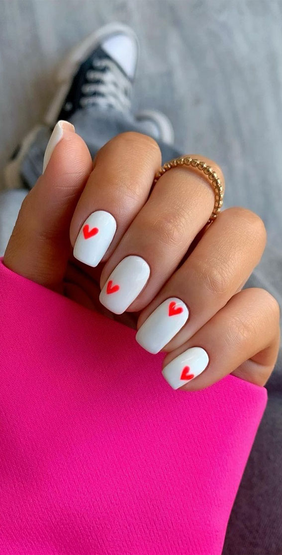 white simple nails with red hearts, simple valentines nails, valentine's day nails 2022