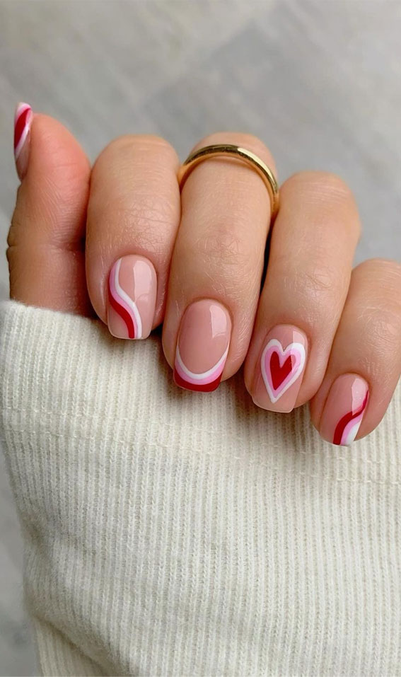 swirl tip nails red hearts, love heart aesthetic nails, pink and red valentine's day nails, valentine's nails 2022