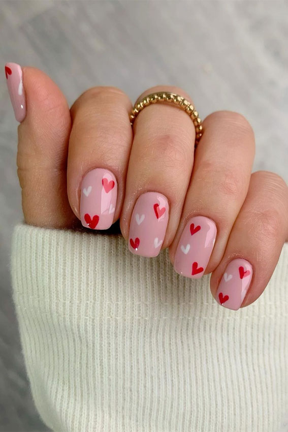 love heart nails, white and red love heart nails, simple valentine's day nails