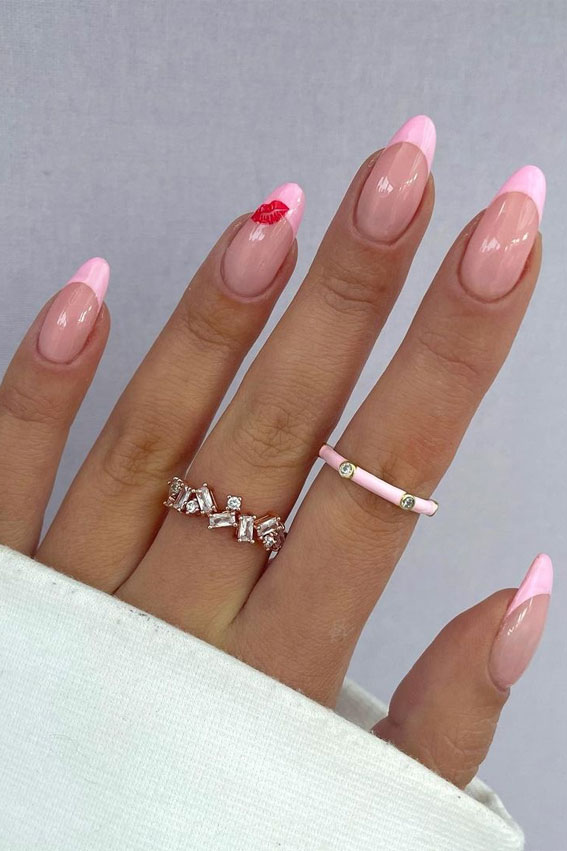 pink french tip nails, kiss valentine's day nails, simple valentine's day nails , simple valentine nails