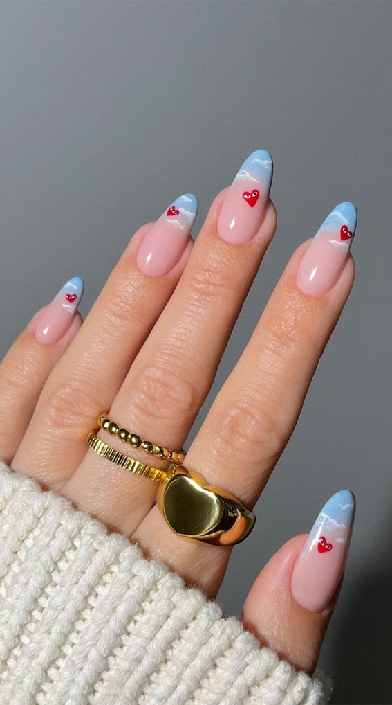 cloud tip nails with red hearts, valentine nails, valentine's day nails 2022