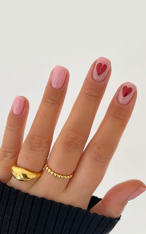 red heart nails, broken heart nails, valentine's day nails