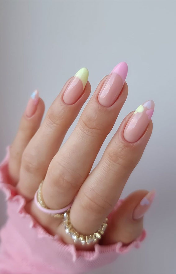 pastel love heart tip nails, pastel french tip nails, pastel nails, valentine nails 2022