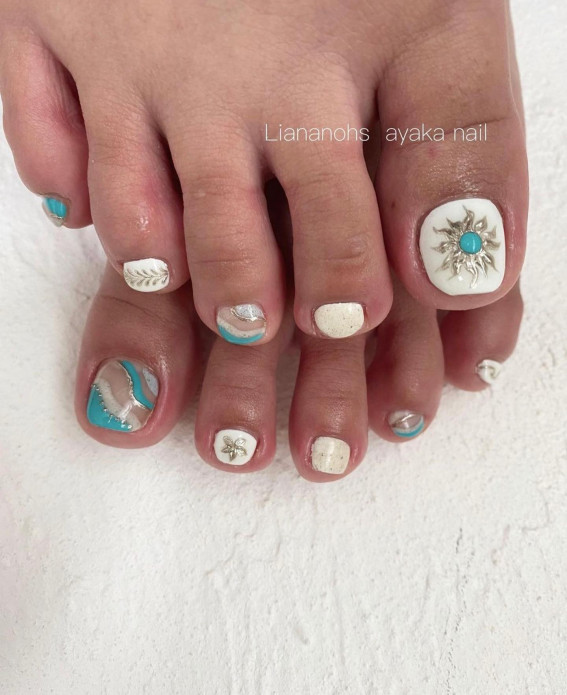 50 Cute Summer Toe Nails for 2022 : Jewel Stone Aqua and White 1