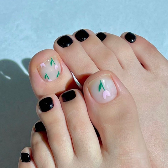 50 Cute Summer Toe Nails for 2022 : Tulip and Black Toe Nails 1 - Fab Mood