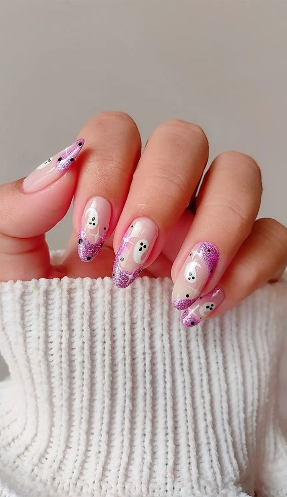 50 Cute Spooky Halloween Nail Ideas : Shimmery Swirl + Ghost Nails