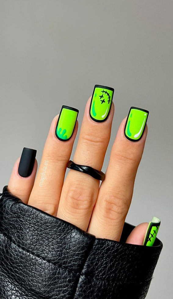 25 Fabulous Pop Art Nail Ideas You Should Try : Neon Green Halloween Nails