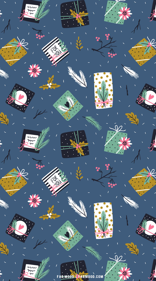 30+ Christmas Aesthetic Wallpapers : Presents on Dusty Blue Background