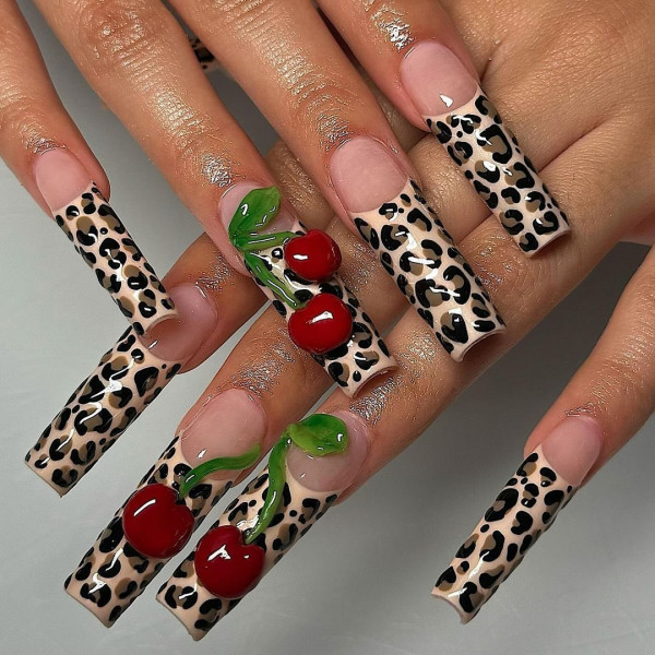 cheetah french tip with cherry, cheetah tip nails with 3d cherry