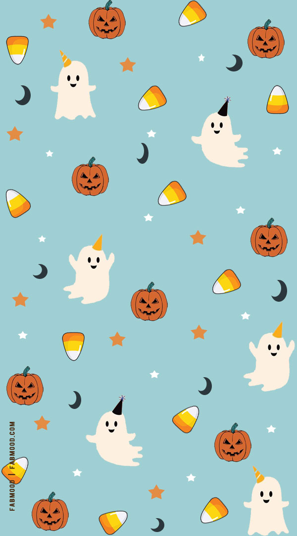 Spooktacular Halloween Wallpapers Good Ideas for Every Device : Party Ghostie + Pumpkin Blue 