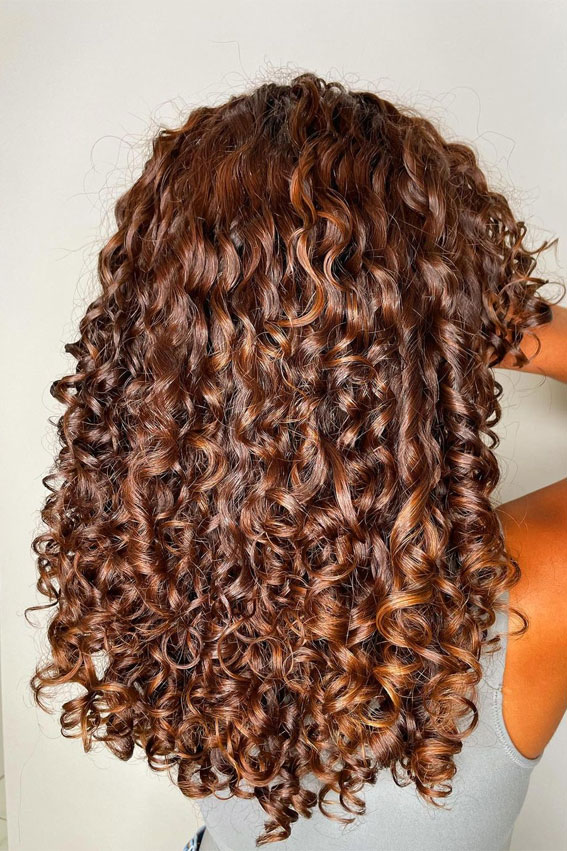 curly hair, curly hairstyle, curly haircut, auburn curly hair color