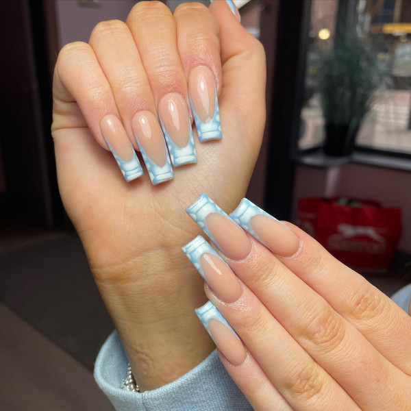 baby blue snakeskin print french tip nails, baby blue french tip nails