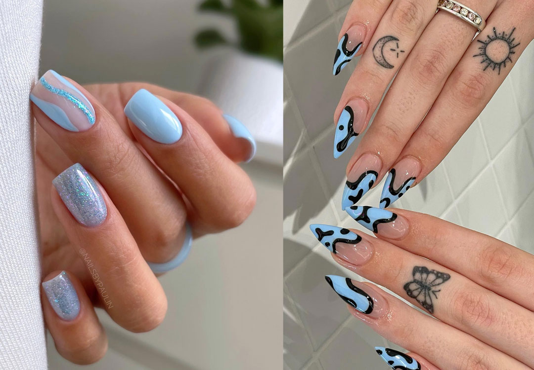 baby blue french tip nails, baby blue nails color, baby blue nails long, baby blue nails with design