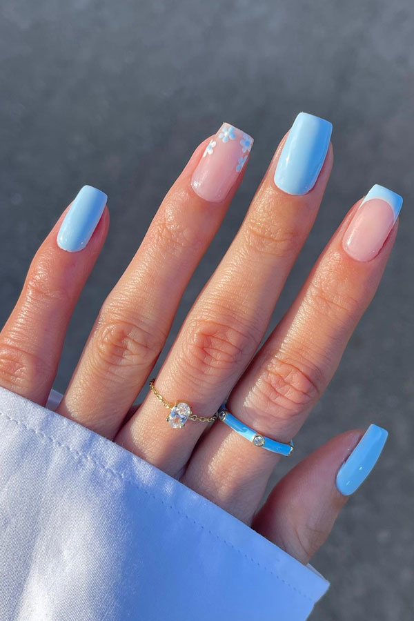  baby blue french tip nails, baby blue floral tip nails