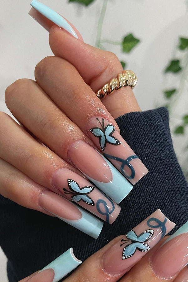 acrylic baby blue butterfly nails, baby blue french tip nails, baby blue nails color, baby blue nails long, baby blue nails with design