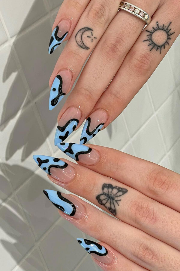 baby blue abstract french tip nails, baby blue nails color, baby blue nails long, baby blue nails with design