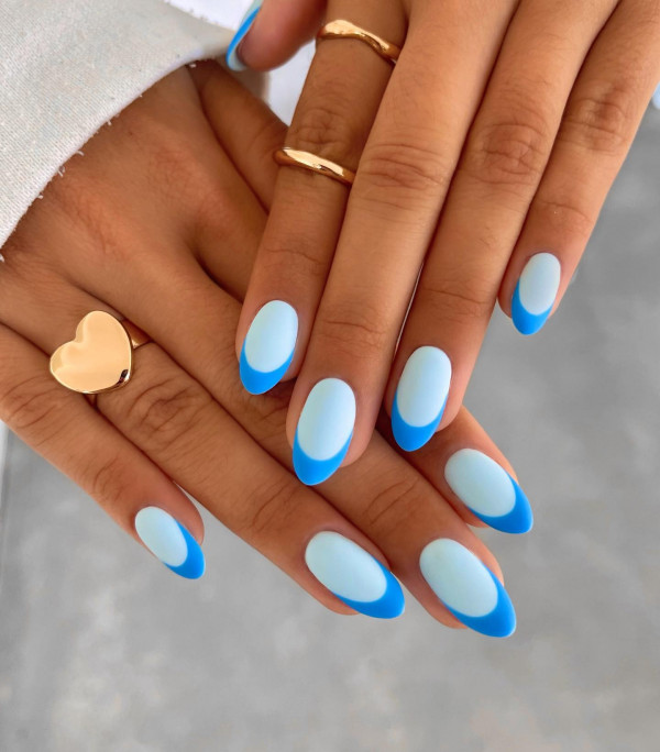 baby blue french tips, bright blue french tip baby blue nails, two-toned blue nails