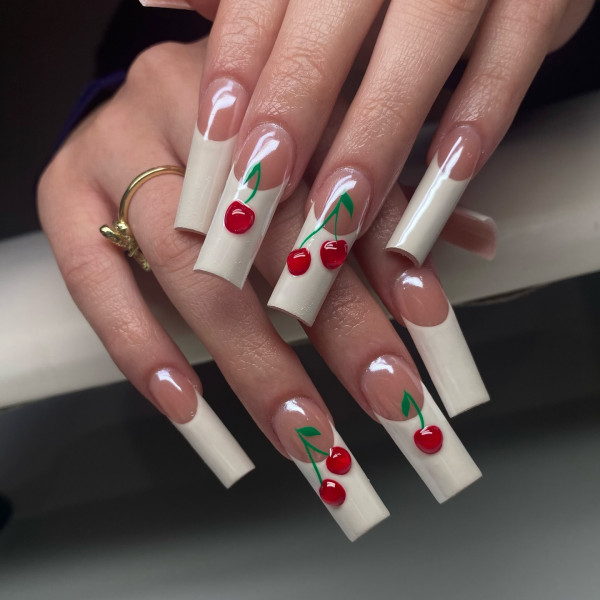 acrylic white french tips cherry nails, cherry nails, short cherry nails, cute cherry nails, cherry nails design, cheery nail art, french cherry nails, cherry nails red, cherry nails color, cherry nail polish, cherry nail design ideas