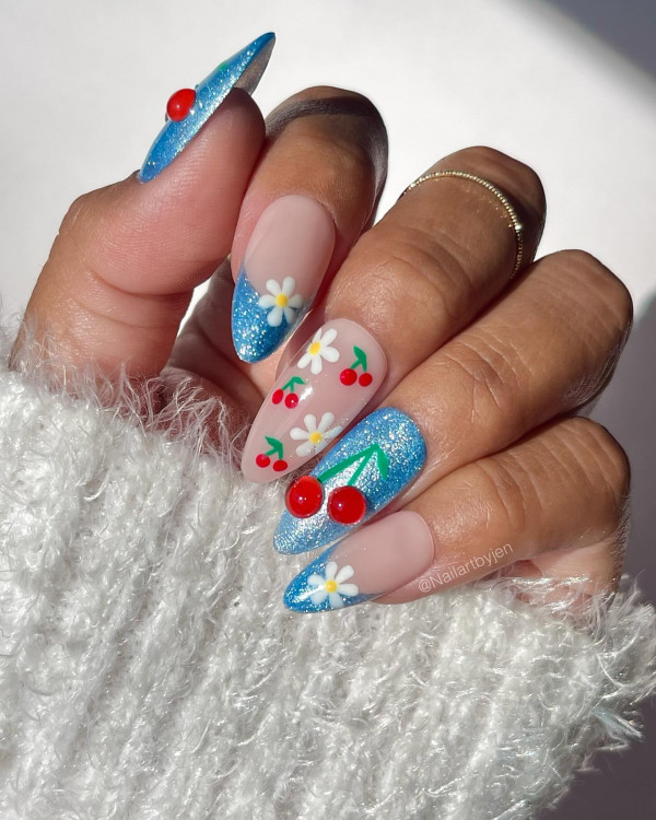 glittery blue cherry nails, cherry white french tip nails, french tip cherry nails, cherry nails, short cherry nails, cute cherry nails, cherry nails design, cheery nail art, french cherry nails, cherry nails red, cherry nails color, cherry nail polish, cherry nail design ideas