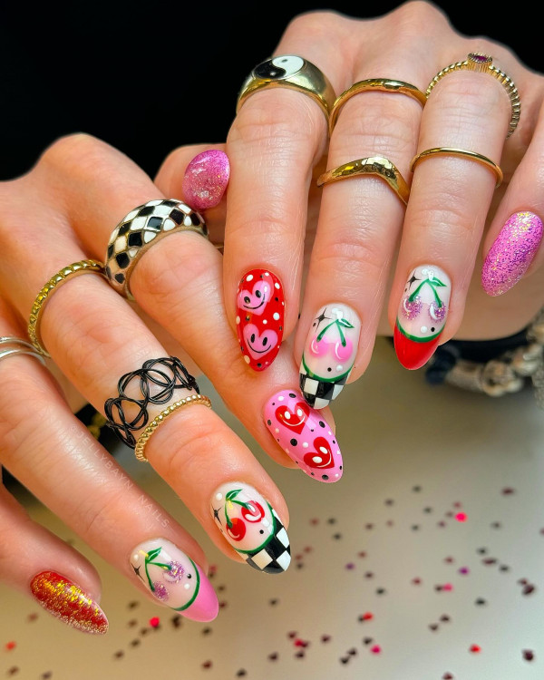 mix n match fun cherry nails, cherry nail designs, checkered french tips and cherry nails