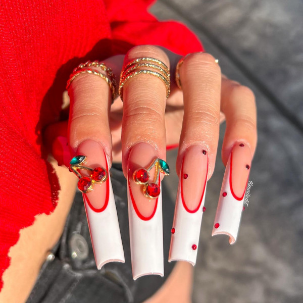 3d cherry french acrylic nails, cherry white french tip nails, french tip cherry nails, cherry nails, short cherry nails, cute cherry nails, cherry nails design, cheery nail art, french cherry nails, cherry nails red, cherry nails color, cherry nail polish, cherry nail design ideas