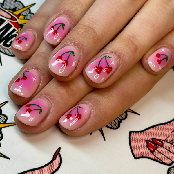 aura pink short nails, aura pink nails with cherry, cherry aura nails