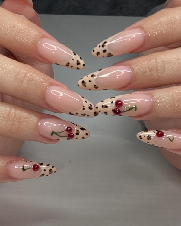 leopard tip nails, leopard french tip nails with cherry accent, french tip cherry nails, cherry nails, short cherry nails, cute cherry nails, cherry nails design, cheery nail art, french cherry nails, cherry nails red, cherry nails color, cherry nail polish, cherry nail design ideas