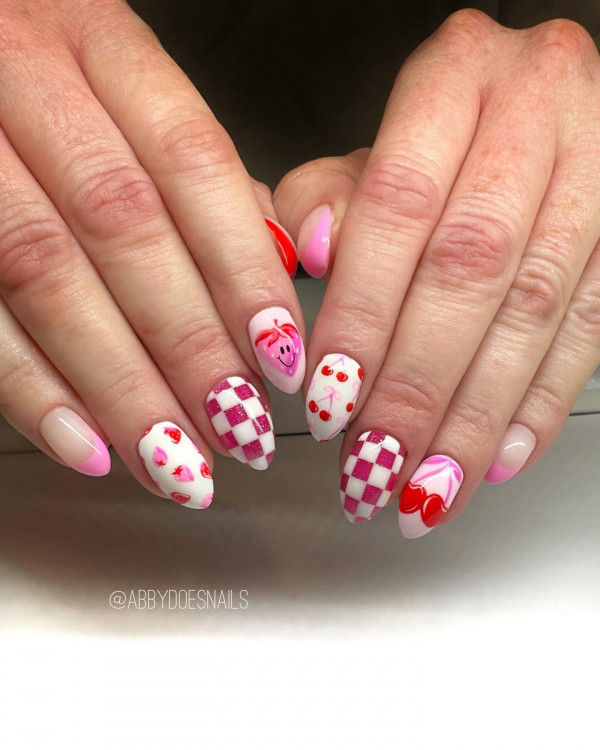mix and match cherry nails, mix n match pink and red cherry nails, short cherry nails, cute cherry nails, cherry nails design, cheery nail art, french cherry nails, cherry nails red, cherry nails color, cherry nail polish, cherry nail design ideas