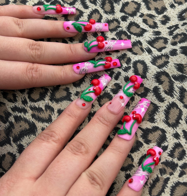 3d cherry pink french tip nails, acrylic french tip cherry nails, french tip cherry nails, cherry nails, short cherry nails, cute cherry nails, cherry nails design, cheery nail art, french cherry nails, cherry nails red, cherry nails color, cherry nail polish, cherry nail design ideas