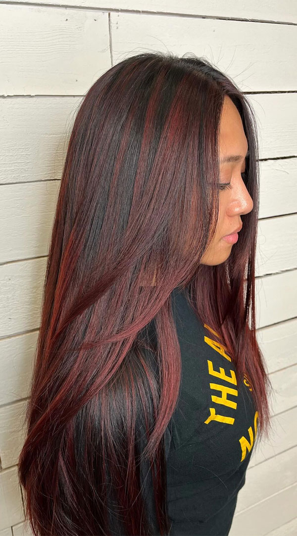 soft layered haircut, burgundy layered haircut, burgundy hair color, layered haircut, haircut for long straight hair, long haircut