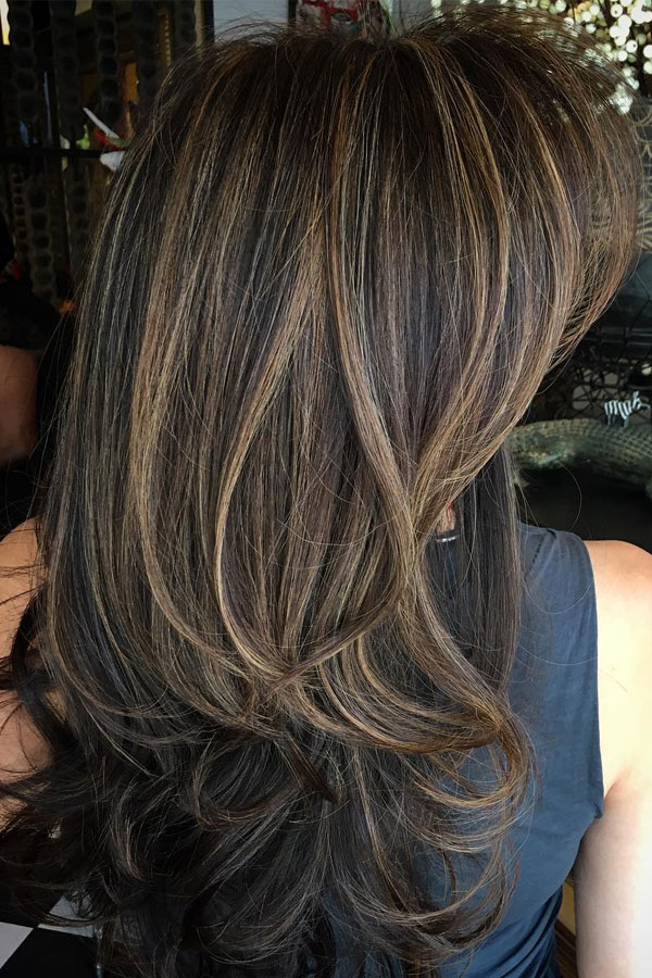 caramel highlights, caramel highlights brunette, dark hair color ideas for dark hair