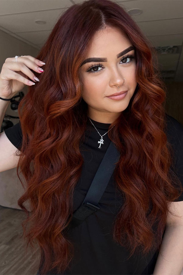 rich copper hair, copper hair color, hair color ideas for brunette, hair color ideas for dark hair