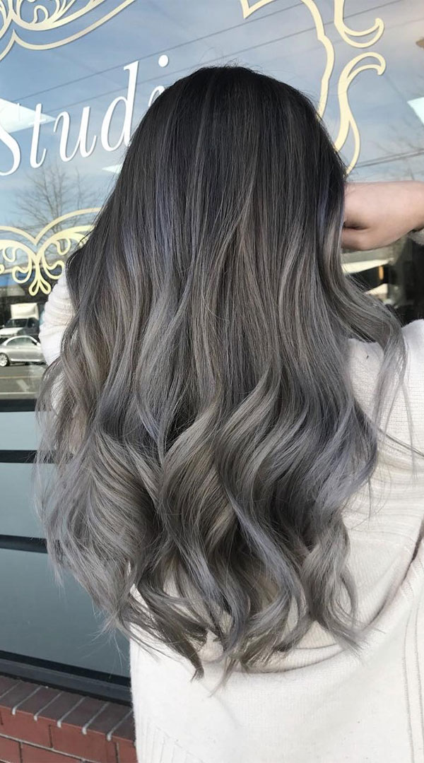 smokey grey hair color, smokey ash grey hair color, hair color ideas for dark hair
