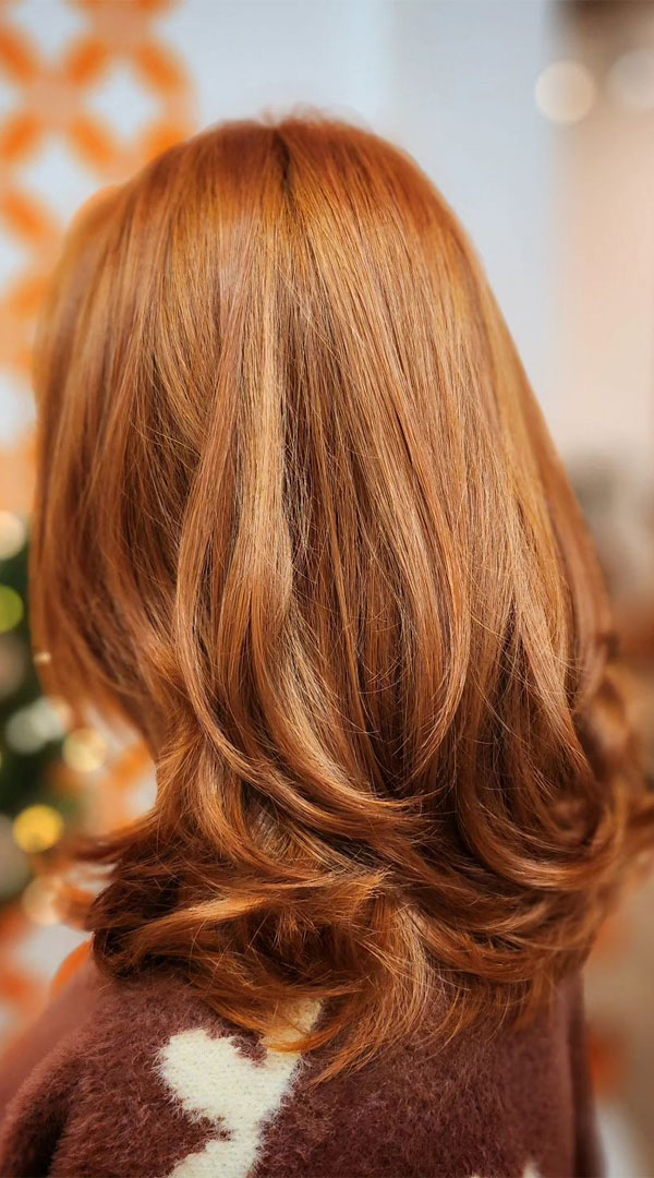 medium length layered haircut, shoulder-length layered haircut, golden copper hair color