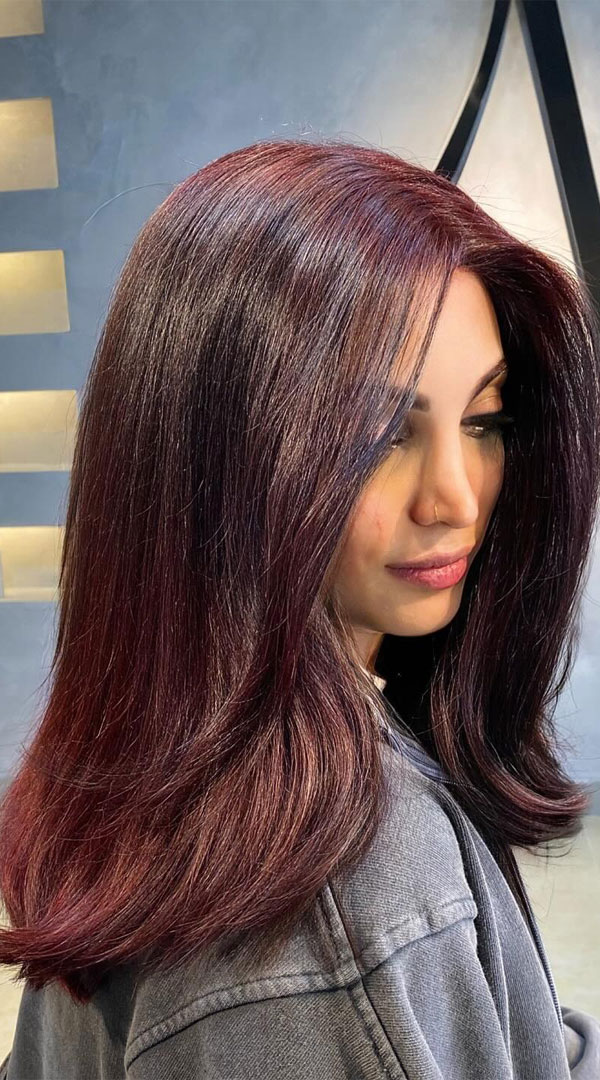 layered haircut, haircut for medium length straight hair, medium lenght haircut, cherry cola hair color, hair color ideas for dark hair