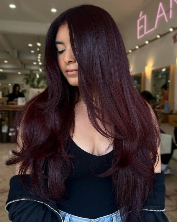 burgundy layered haircut, burgundy hair color, layered haircut, haircut for long straight hair, long haircut