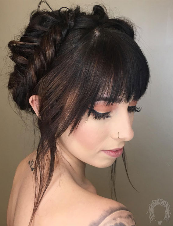 tousled with bangs, updo with bangs, hairstyle with bangs, layered haircut with bangs, bangs hairstyle, Hairstyle with bangs for long hair, haircuts with bangs and layers, updo with bangs, Short hairstyle with bangs, Medium hairstyle with bangs, hairstyles with fringes for over 40, bangs haircut female, fringe hairstyles, haircuts with bangs