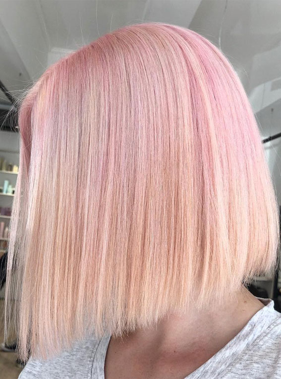 peachy pink lob, peach pink long bob, peach pink lob haircut