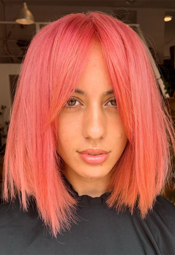 pink lob, peach pink long bob, peach pink lob haircut