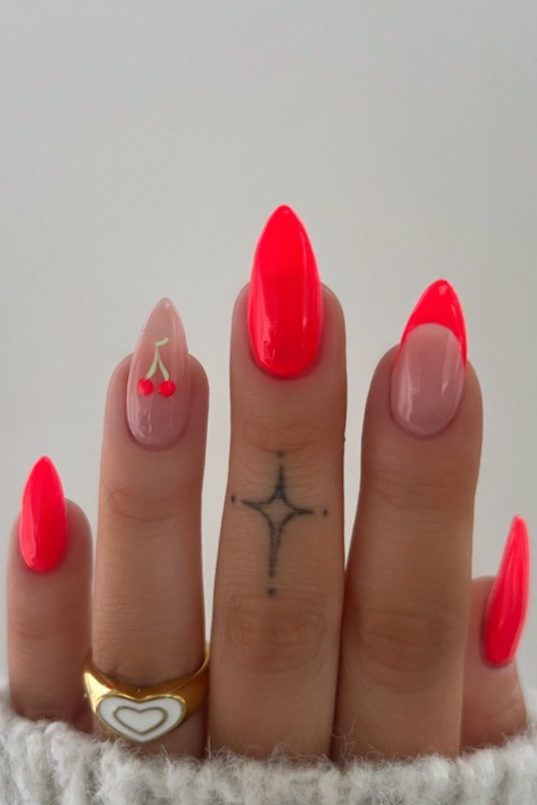 neon red nails, bright red nails with cherry