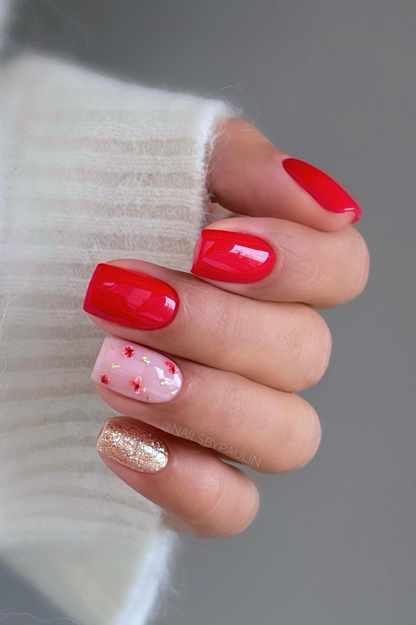 red nails, encapsulated floral nails